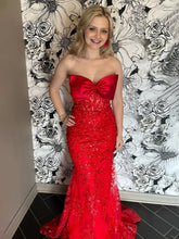 Long Mermaid Strapless red Prom Dresses Appliques with Bow